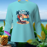Light blue long-sleeve shirt with cartoon dog on beach chair, 
