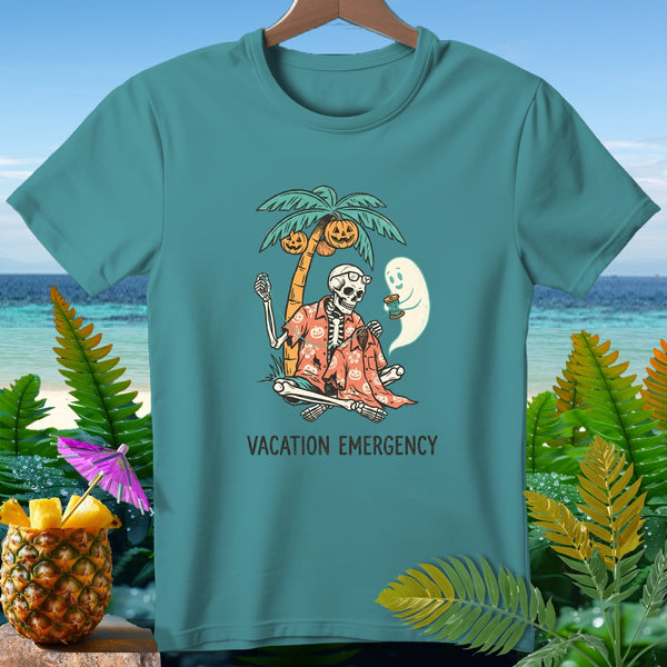 Skeleton and ghost with palm tree, pumpkins, and text "VACATION EMERGENCY".
