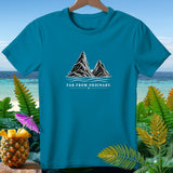 Teal t-shirt with mountain graphic and text 