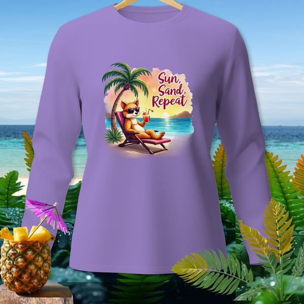 Long-sleeve lilac shirt with graphic of a fox on a beach chair, "Sun, Sand, Repeat" text.