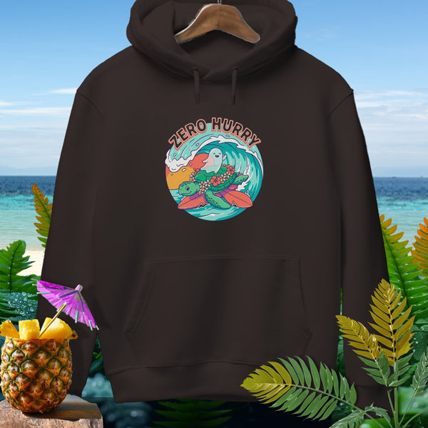 Brown hoodie with "Zero Hurry" text and cartoon turtle and ghost surfing.