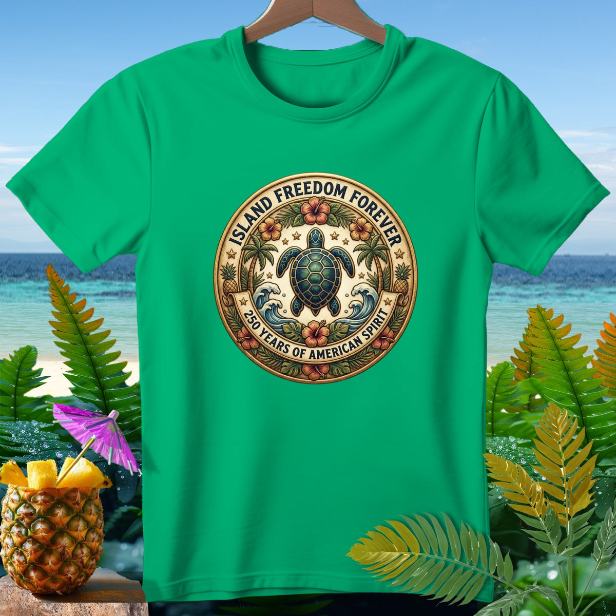 Green t-shirt with a circular emblem featuring a sea turtle, palm trees, and waves.