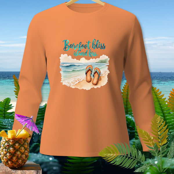 Orange long-sleeve shirt with "Barefoot bliss island kiss" graphic and flip-flops.