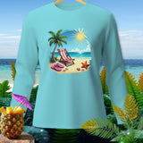 Light blue long-sleeve shirt with a beach scene graphic including a palm tree and lounge chair.