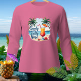 Pink long-sleeve shirt with a tropical beach graphic and 