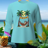 Light blue long-sleeve shirt with a sloth in a hammock on a beach banner.