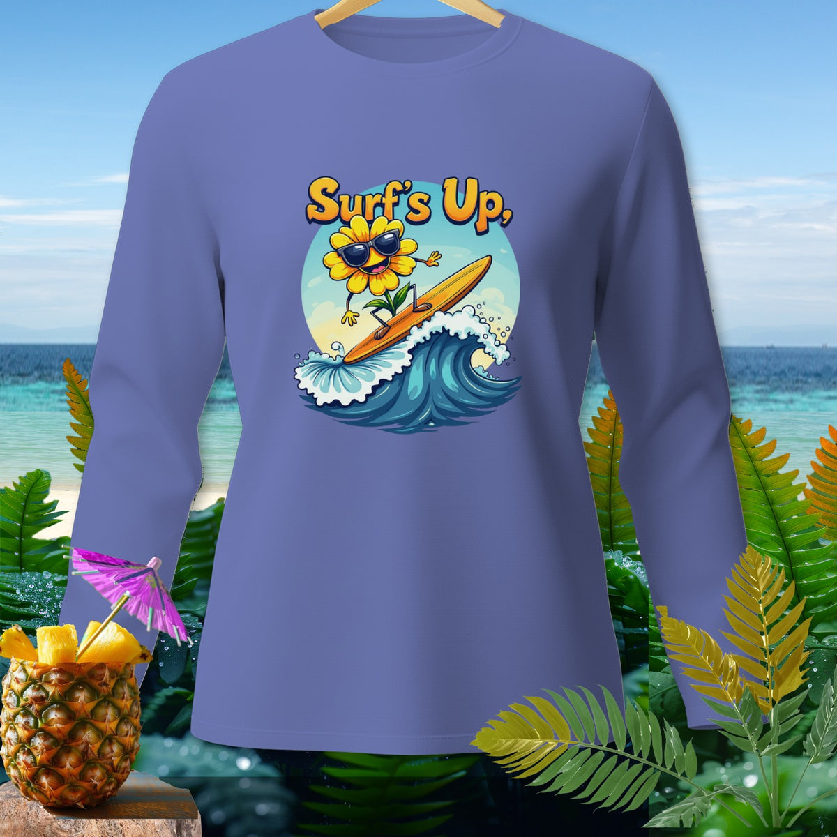 Purple long-sleeve shirt with a cartoon sunflower surfing and "Surf's Up" text.