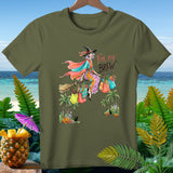 Witch on broom carrying bags with text 