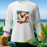 White long-sleeve shirt with pug wearing sunglasses relaxing on a beach lounge chair.