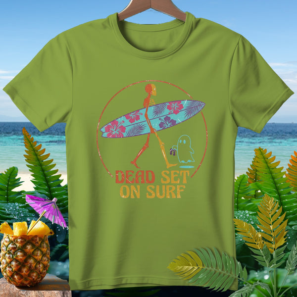 Skeleton with surfboard and ghost graphic with text "Dead Set On Surf".