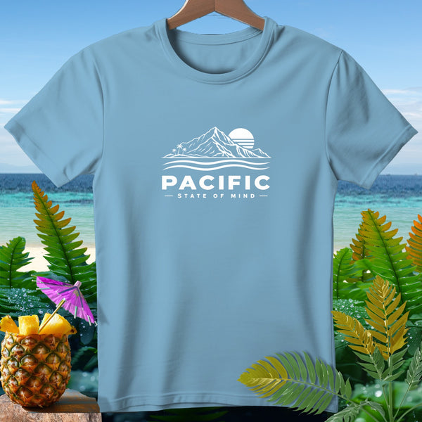 Light blue t-shirt with white "PACIFIC STATE OF MIND" mountain and ocean graphic.