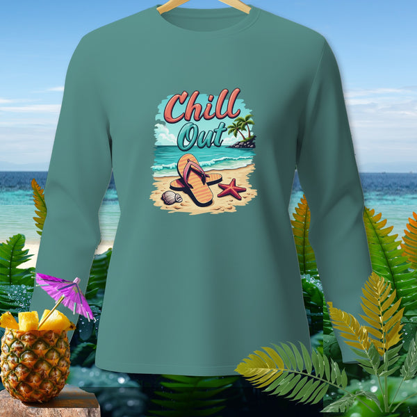 Teal long sleeve shirt with "Chill Out" beach graphic featuring flip-flops and starfish.