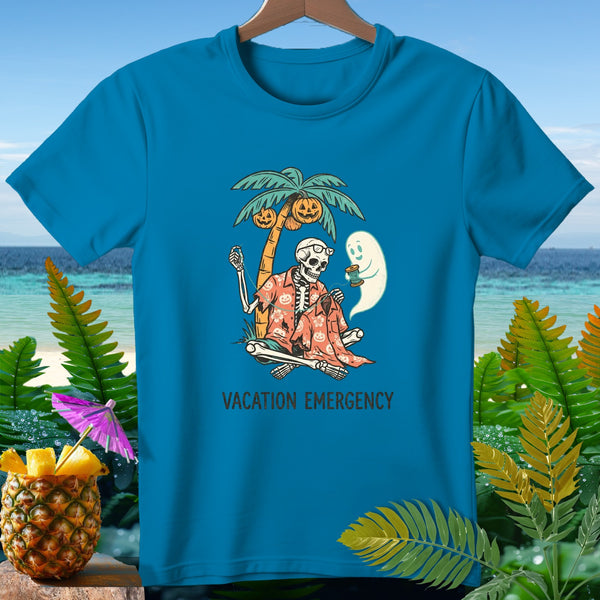 Skeleton sitting under palm tree with pumpkins, sewing with ghost. Vacation Emergency.