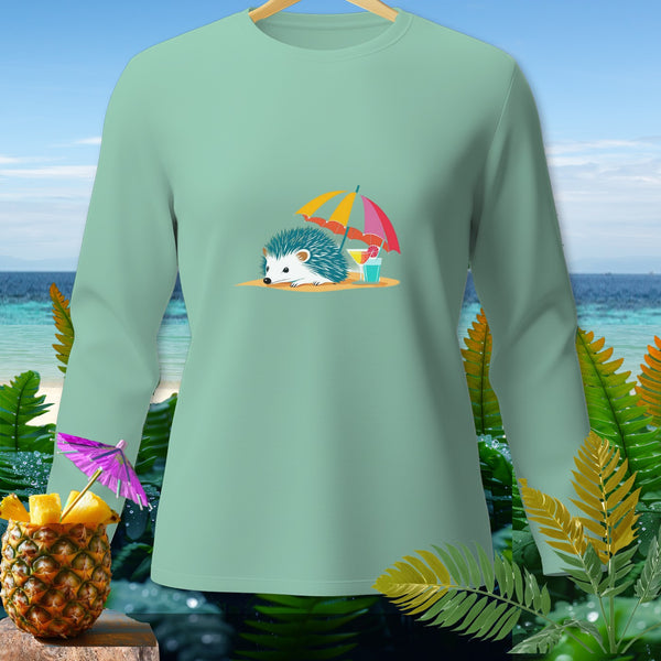 Long sleeve t-shirt with a teal hedgehog under an umbrella on a beach.