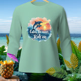 Green long-sleeve shirt with two dolphins jumping over waves and the text 