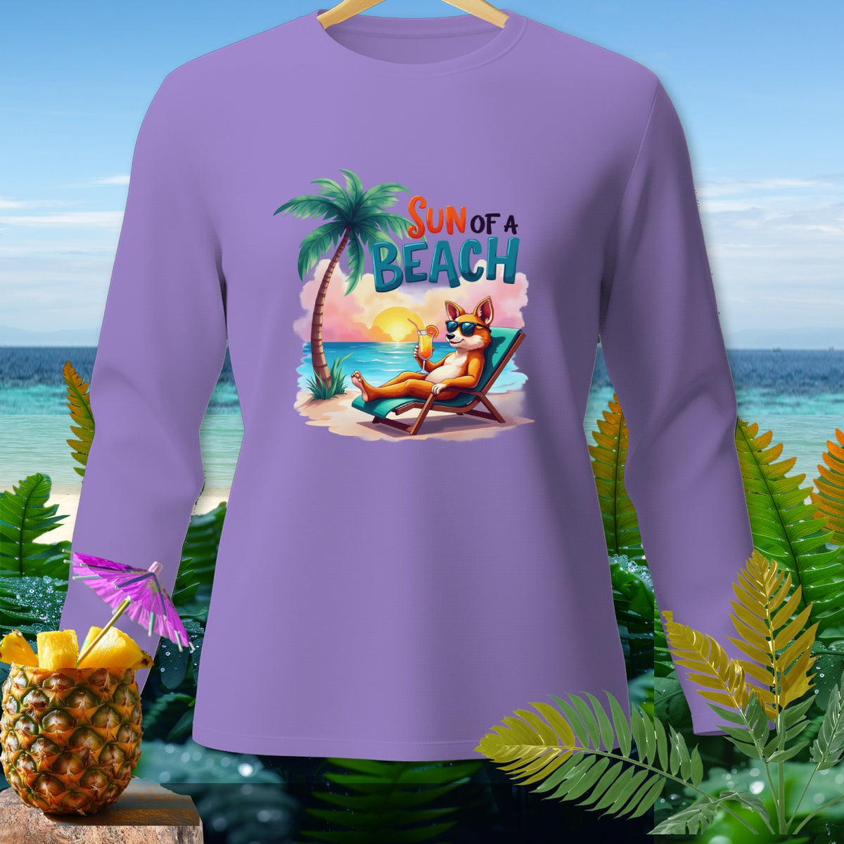 Purple long-sleeved shirt with a cartoon dog on a beach chair.