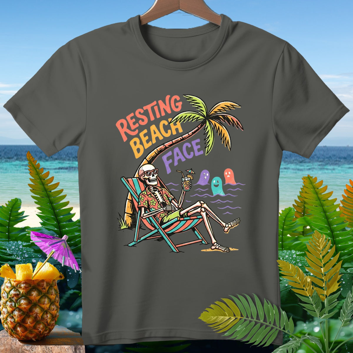 Skeleton wearing sunglasses relaxing in a beach chair with "Resting Beach Face" text.
