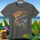 Skeleton wearing sunglasses relaxing in a beach chair with 