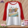 White raglan t-shirt with "Boo Crew" ghost graphic holding surfboards on a beach.