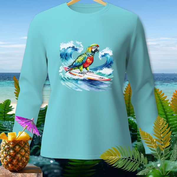 Turquoise long-sleeve shirt with a watercolor parrot surfing on a wave graphic.