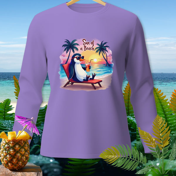 Purple long-sleeve shirt with a graphic of a penguin on a beach chair and text "Sun of a Beach".