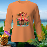 Orange long-sleeve shirt with a tropical flamingo graphic and pineapple garnish.