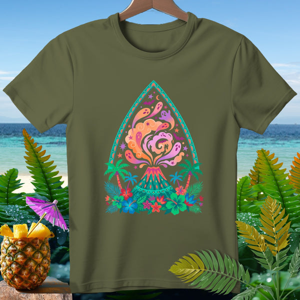 Olive green t-shirt with a colorful volcano and ghost graphic with tropical foliage.