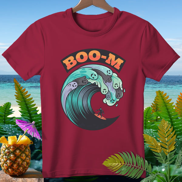 T-shirt with "BOO-M" text above surfing ghosts in a wave.