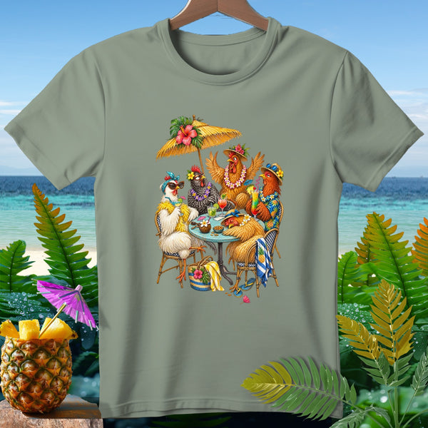 Four chickens in tropical attire gather at a table under an umbrella.
