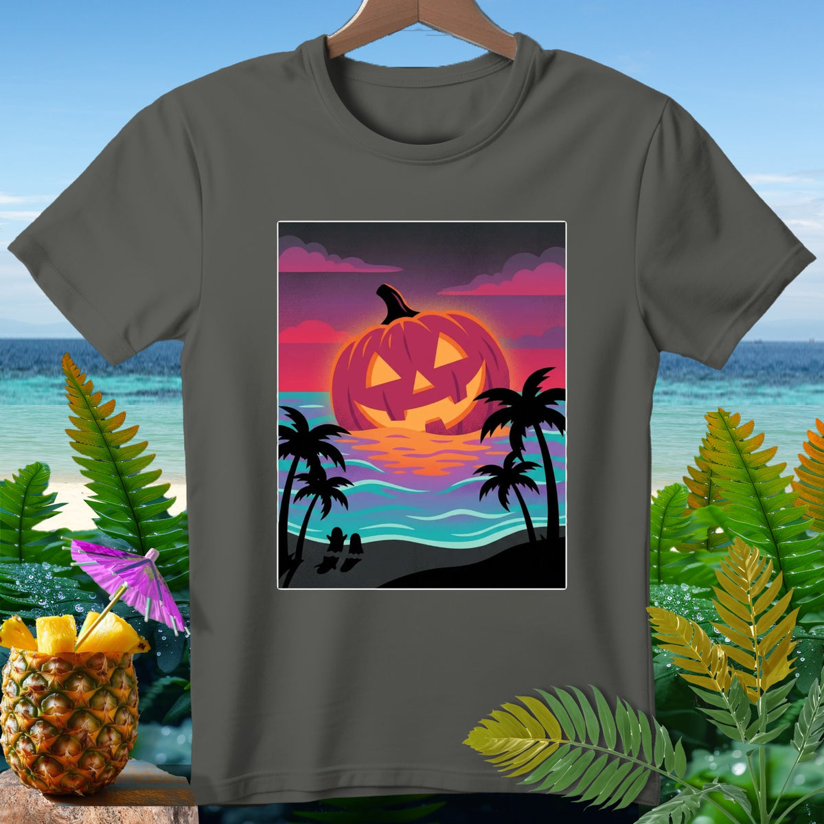 Jack-o'-lantern on a tropical beach at sunset with palm trees