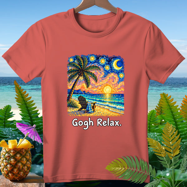 Coral t-shirt with "Gogh Relax." and Van Gogh-style beach scene print.