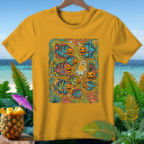 Yellow t-shirt with a Halloween-themed illustration of fish with jack-o'-lantern faces and a ghost.