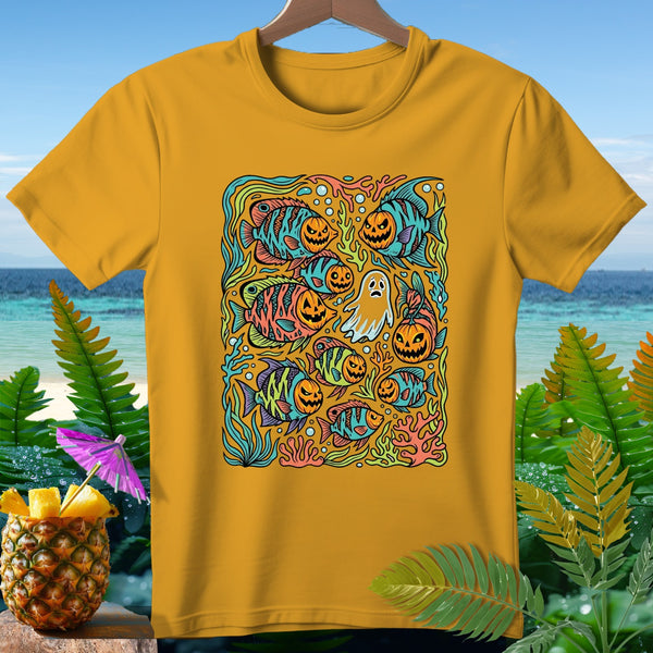 Yellow t-shirt with a Halloween-themed illustration of fish with jack-o'-lantern faces and a ghost.
