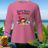 Pink long sleeve shirt with crab graphic saying 