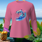Pink long-sleeve shirt with a leaping dolphin over a blue wave graphic.