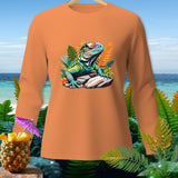 Orange long-sleeve shirt with a colorful iguana graphic and tropical background.