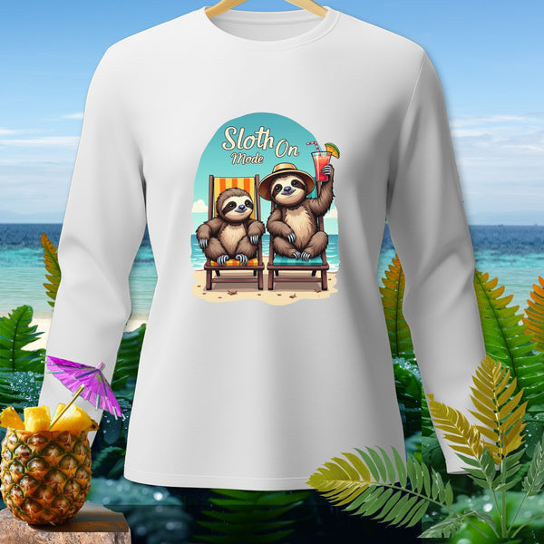White long sleeve shirt with cartoon sloths relaxing on beach chairs.