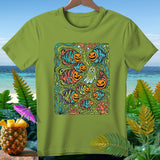 Green t-shirt with jack-o'-lantern fish and ghost Halloween graphic.