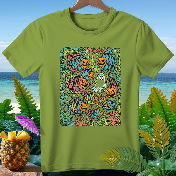 Green t-shirt with jack-o'-lantern fish and ghost Halloween graphic.