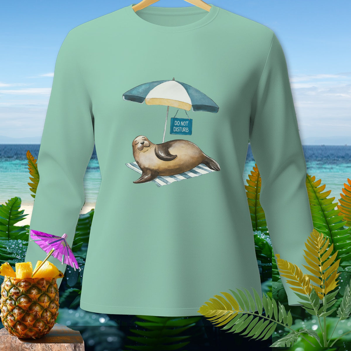 Mint long-sleeve shirt with a seal under an umbrella and "Do Not Disturb" sign.