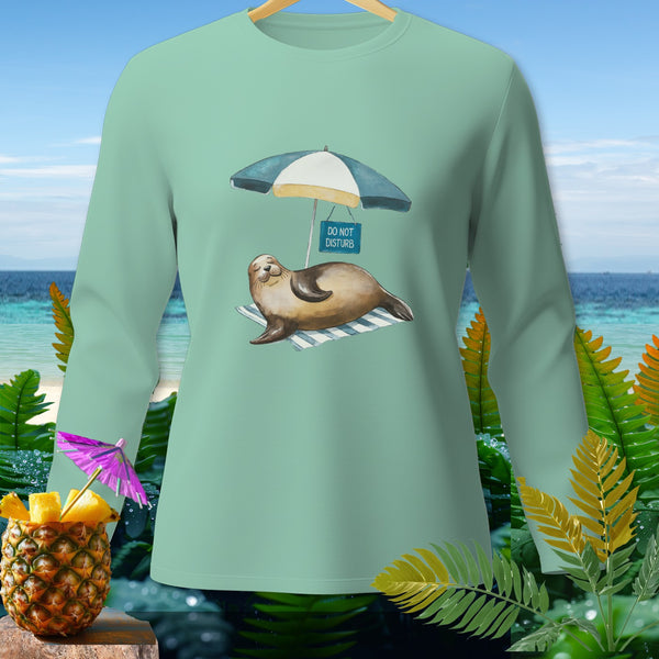 Mint long-sleeve shirt with a seal under an umbrella and "Do Not Disturb" sign.