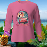 Pink long-sleeve shirt with a flamingo graphic and text reading 
