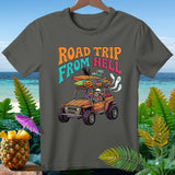 Graphic tee with skeleton driving jeep, pumpkins, surfboards, and 