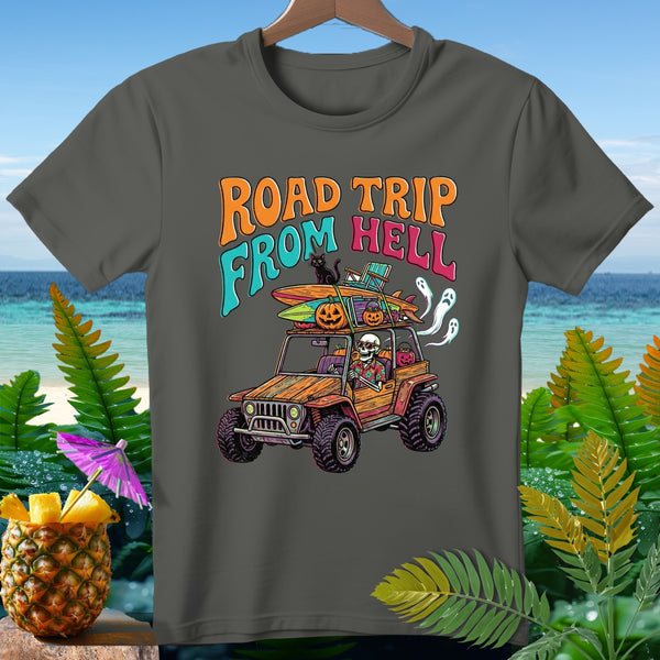 Graphic tee with skeleton driving jeep, pumpkins, surfboards, and "Road Trip From Hell" text.