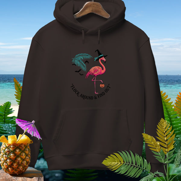 Brown hoodie with a Halloween flamingo graphic and text "FLOCK AROUND & FIND OUT".