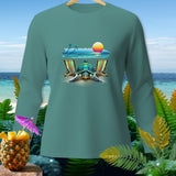 Long-sleeve shirt with a beach scene featuring a turtle, lounge chairs, and palm trees.