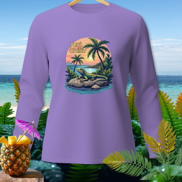 Purple long-sleeve shirt with "Just Chillin" and a relaxing iguana graphic.