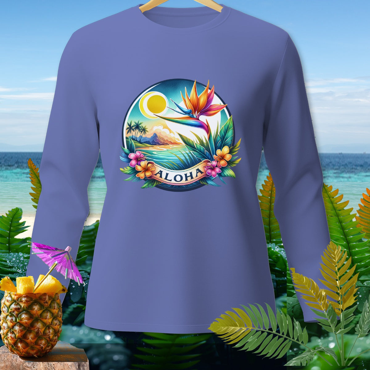 Long sleeve t-shirt with Hawaiian paradise graphic and "ALOHA" text.