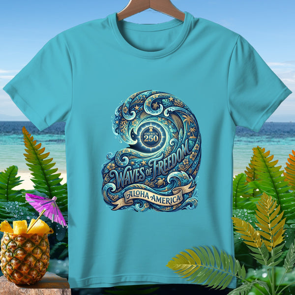 Turquoise t-shirt with a wave design featuring "Waves of Freedom" and "Aloha America".