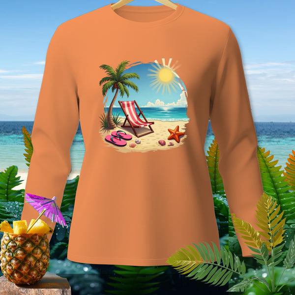 Orange long-sleeve shirt with a beach scene graphic including a lounge chair, palm tree, and starfish.